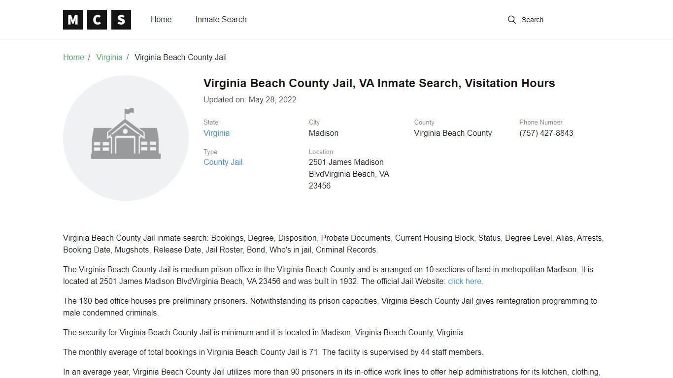 Virginia Beach County, VA Jail Inmates Search, Visitation Rules